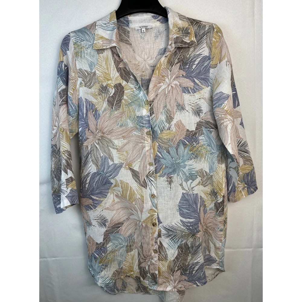 Rosemarine Made in Italy Linen Lagenlook Button Down Top Tropic Print Womens Sma